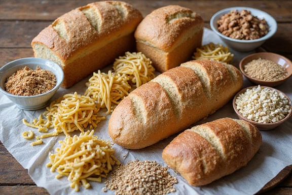 Stół z różnorodnymi produktami zbożowymi, takimi jak chleb, makaron i płatki, symbolizujący dietę bezglutenową.